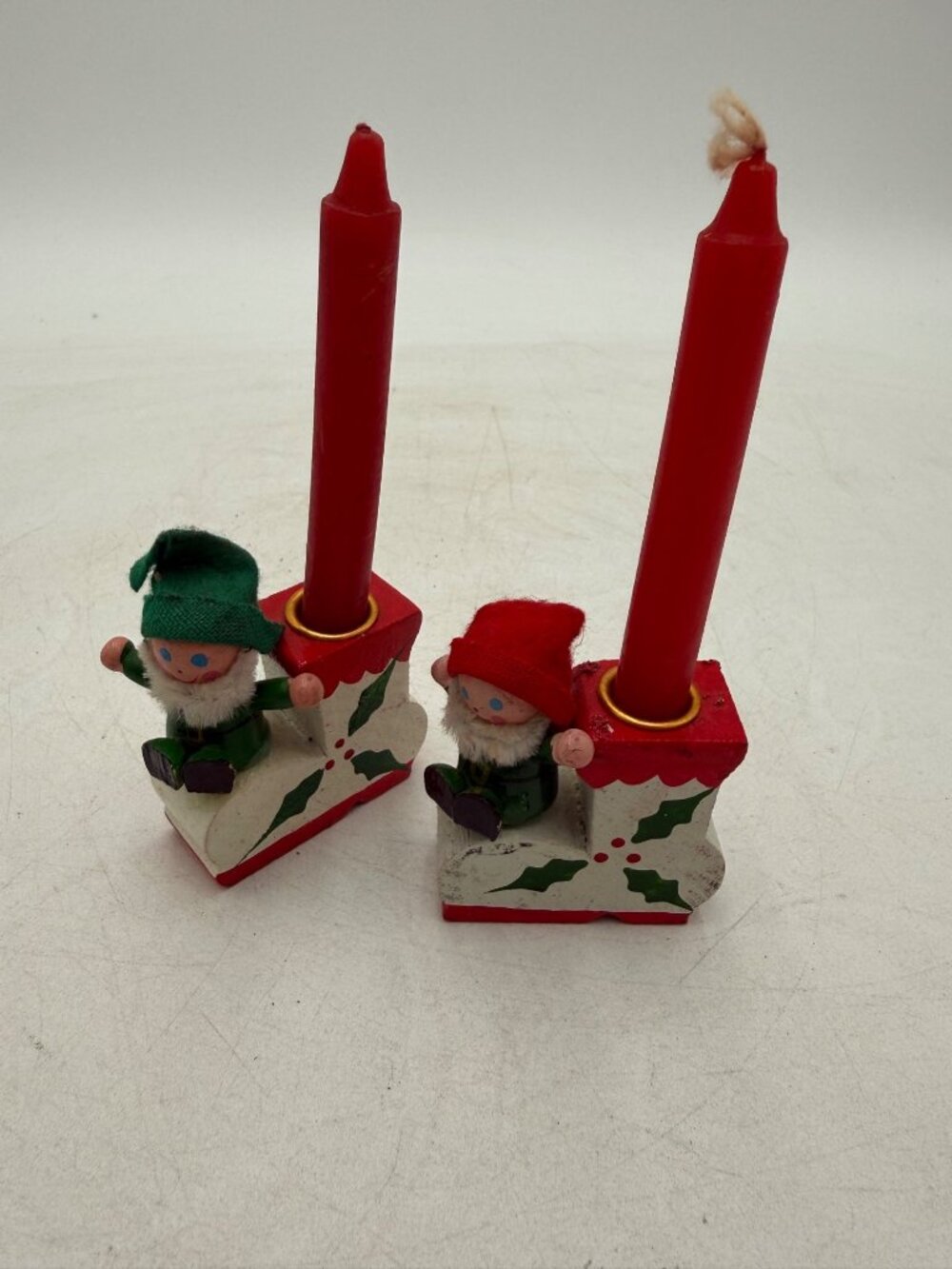 Vintage Wooden Elf Candle Holders Kitschy Red Candles Christmas Decor Set